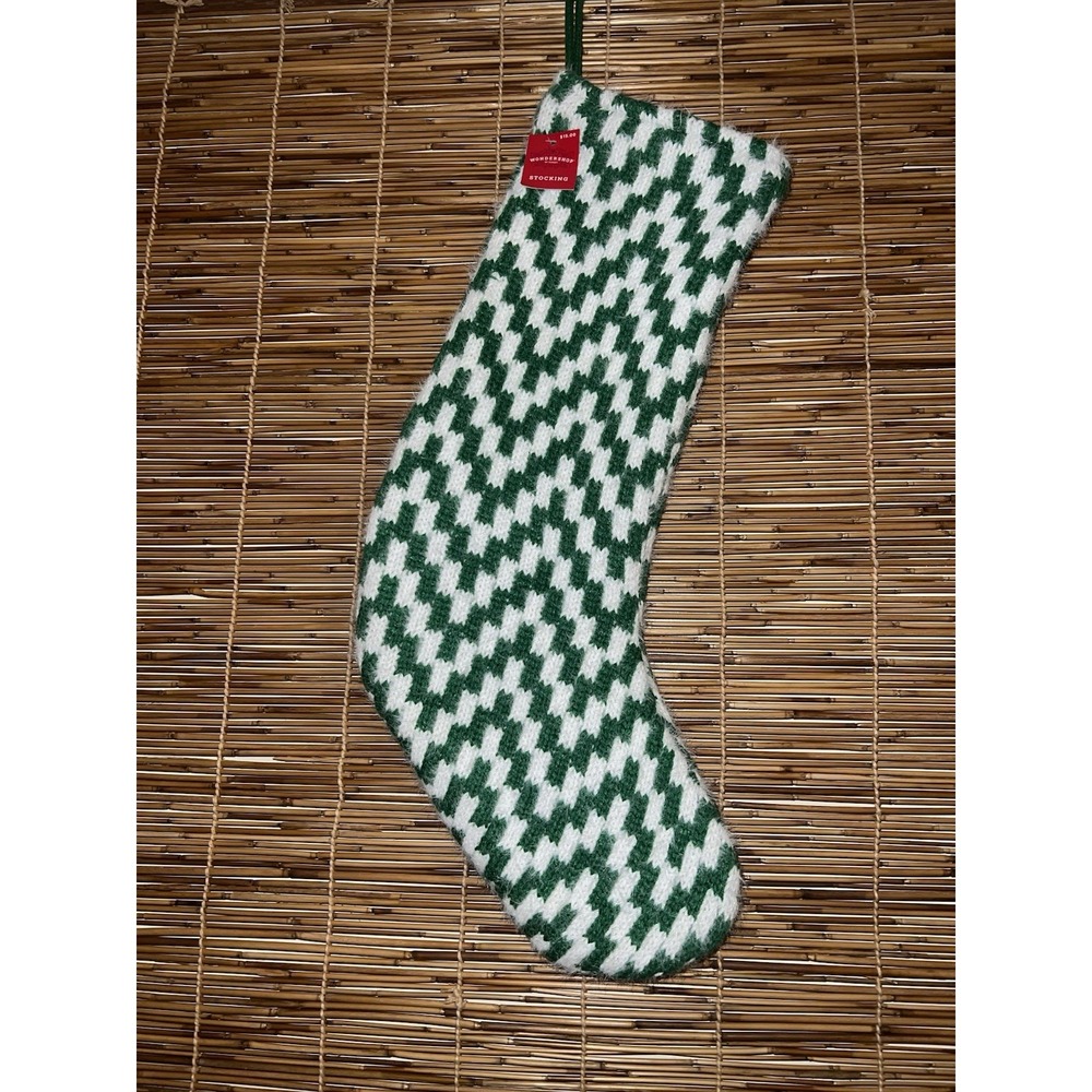 Wondershop 20" Fuzzy green and white Knit chevron pattern Xmas stocking